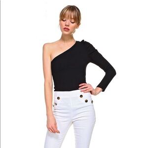 Black One Shoulder Puff Sleeve Bodysuit
